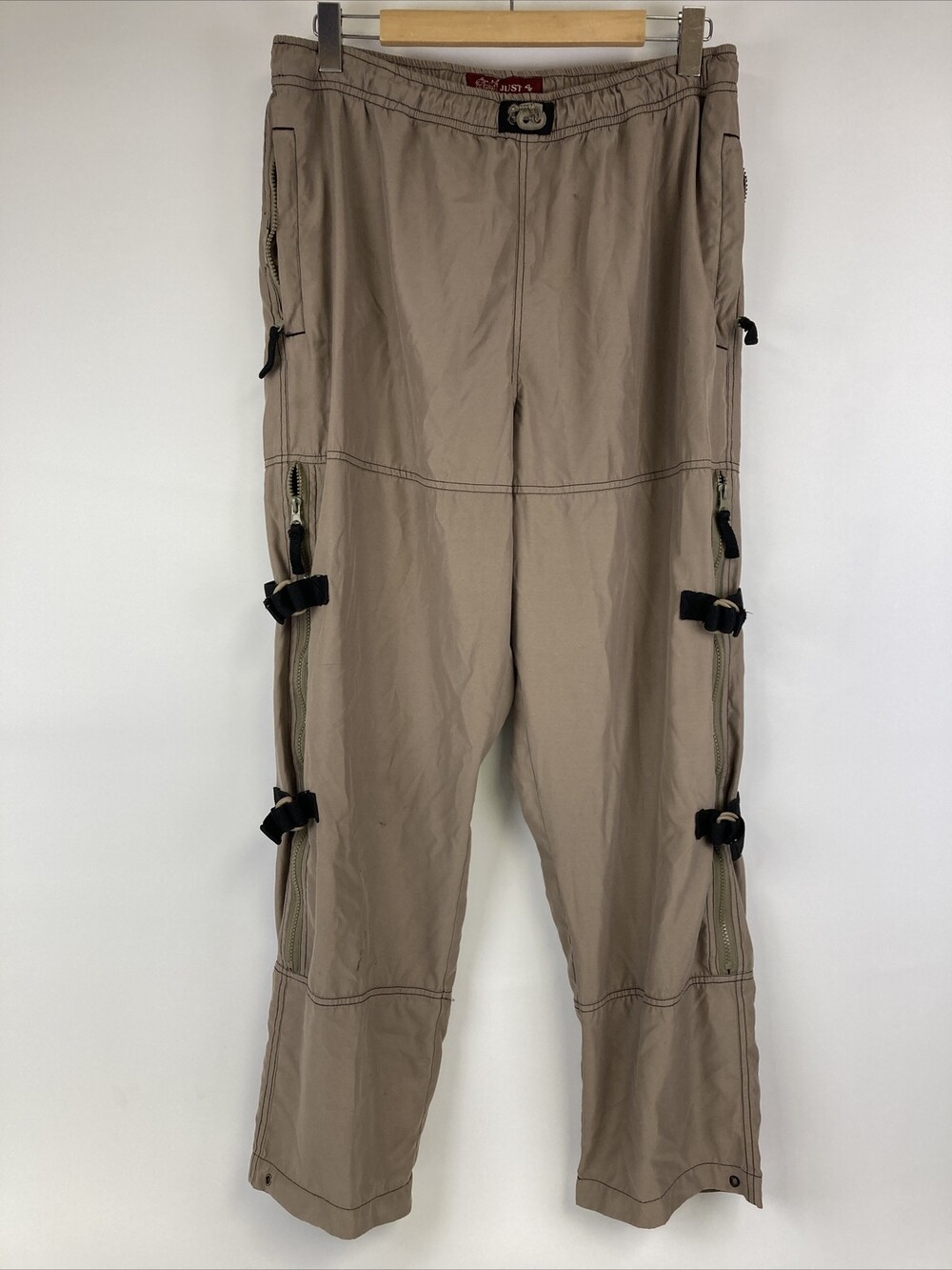VTG 90s Baggy Mens L Khaki Tan Parachute Zip Cargo Soft Polyester Pants